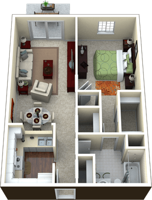 Floor plan for 1 bed, 1 bath, 876 sqft